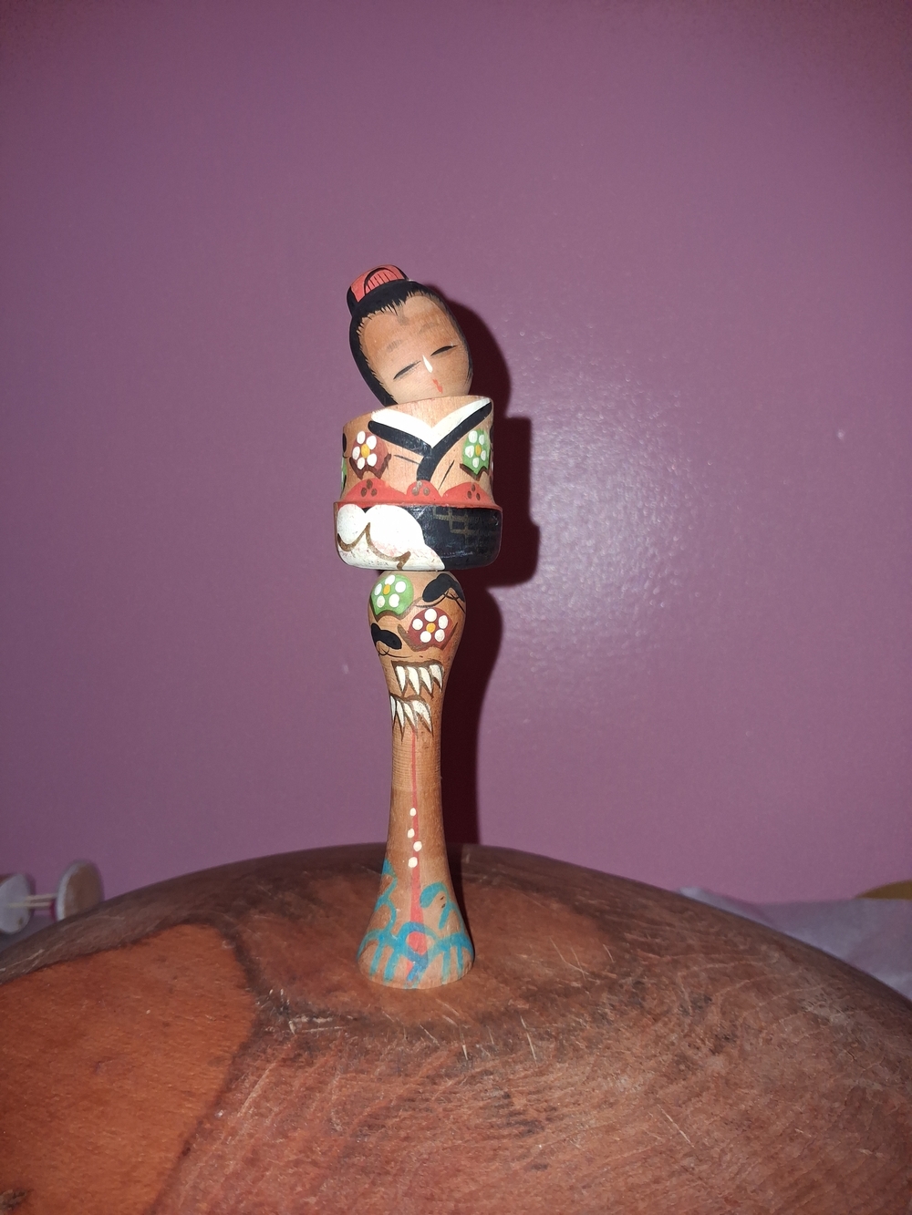 Hand-Painted Wooden Kokeshi-Style Figurine in Pink and Natural Wood